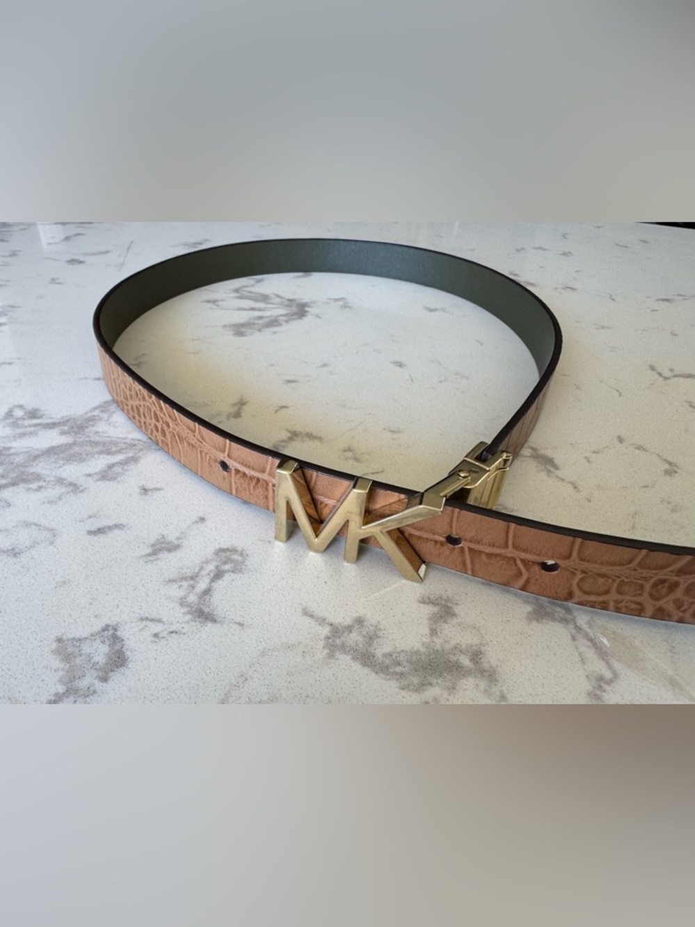 Reversible Michael Kors Tan Croc-Embossed and Green Belt with Gold MK Buckle